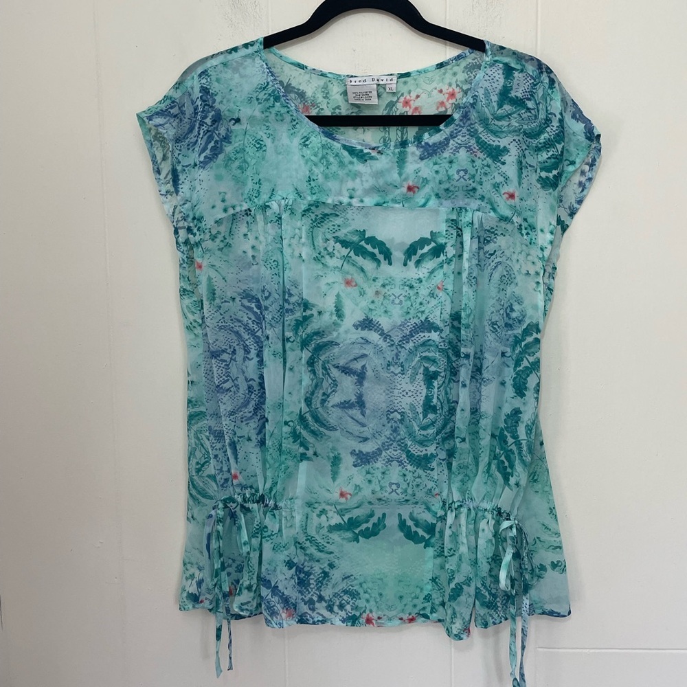 Fred David Vintage Short Sleeve Blouse Sheer Fairy Whimsy Blue Teal ~ Size XL